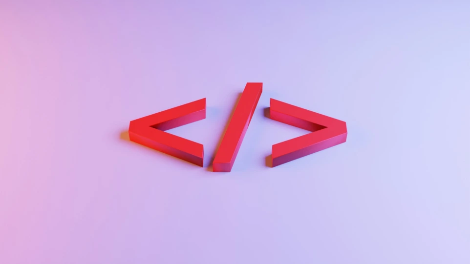 A red code bracket symbol on a soft purple gradient background
